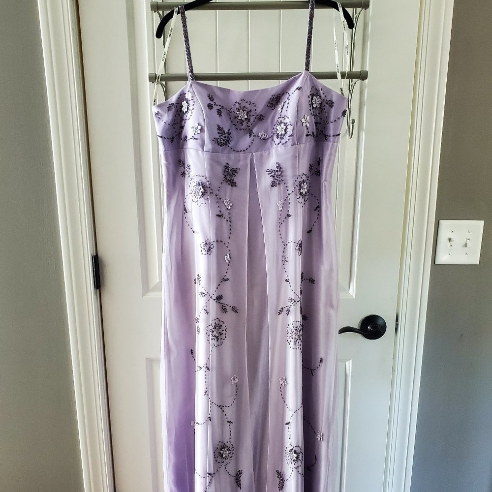 Purple floral beaded tulle bridesmaid or prom dress